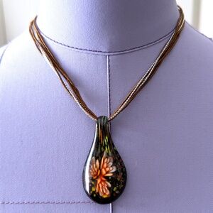 Blown Glass Teardrop Pendant Necklace Handcrafted Black Pink Flowers